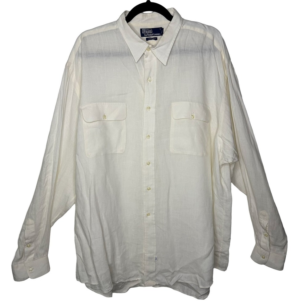 Vintage Polo Ralph Lauren 100% Linen Shirt Mens Size XXL Cream Double Pocket 90s